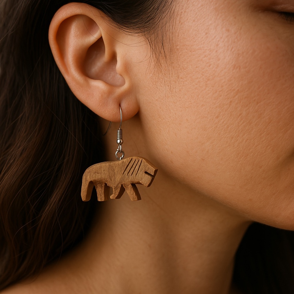 Wood Carved Lion Dangle Earrings pierced 1”